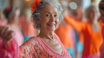 un vibrante danza clase para personas mayores dónde años es sólo un número como Participantes busto un moverse con entusiasmo y energía foto