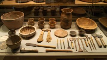 A display of various tools and materials used in advanced wheelthrowing from shaping ribs to glazes. photo