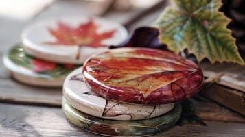 A set of ceramic coasters each with a different design depicting the changing colors of autumn leaves the perfect way to add a touch of the season to your coffee table. photo