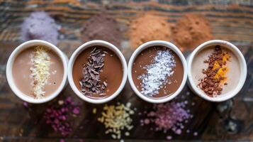 A selection of gourmet hot chocolate blends featuring unique flavors like lavender chili pepper and sea salt caramel for the adventurous taste buds photo