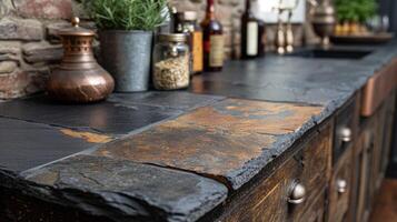 el natural belleza de un pizarra encimera con sus terroso tonos y escabroso textura agregando un rústico encanto a un cocina o al aire libre bar zona foto