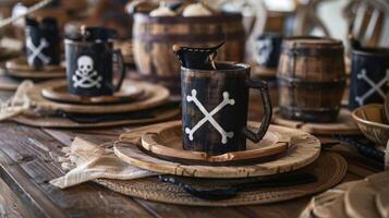 A table setting complete with wooden plates and mugs adorned with Jolly Roger flags photo