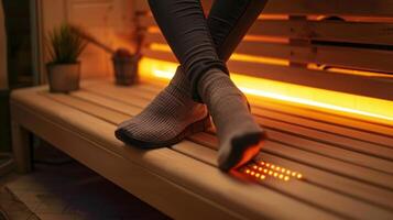 A person using the saunas foot heater while sitting on the bench. The caption mentions the added comfort and relaxation of a foot heater during a sauna session. photo