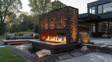 A unique fire feature made of stacked firewood creates a modern and artistic focal point in a minimalist outdoor space. The wood burns brightly casting dancing shadows o photo