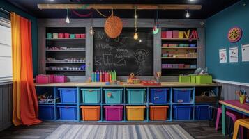 A colorful and vibrant workshop space for kids with labeled bins for art supplies a chalkboard wall for creative inspiration and a designated area for messy projects photo
