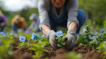 un mayor organizando voluntarios a planta flores y mantener un comunidad jardín. su amor para naturaleza y capacidad a movilizar recursos para un mayor porque brilla a través foto