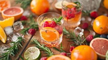 In the center of the circle a table is stocked with various fruits herbs and mixers ready to be transformed into delicious and nonalcoholic mocktails photo