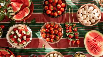 A table covered in red and green striped tablecloth adorned with bowls of watermelon balls and skewers of watermelon and feta cheese photo