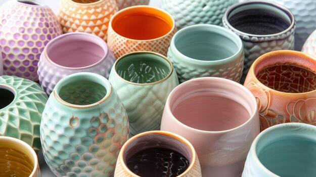 A set of colorful ceramic s with different textures some smooth some patterned each one unique and eyecatching. photo