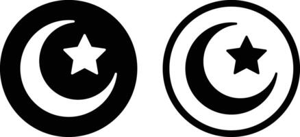 Islam symbol icon set in two styles with moon and star . Star and crescent icon vector