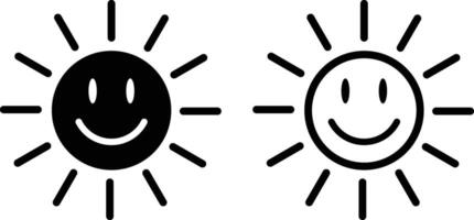 Smiling sun icon set in two styles isolated on white background . Happy smiling sun icon . Funny sun icon vector