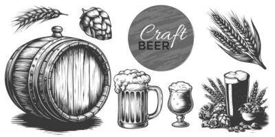 Beer object set in vintage engraved woodcut sketch style. Beer glasses and mug, hops, malt, wooden barrel. illustration Isolated on white background. Beer elements for menu, pub, windows design vector