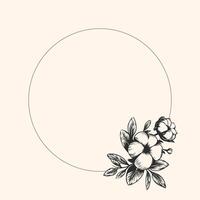 Vintage Round cotton frame with space for text. Hand drawn cotton flower in engraving style. Ink drawing for logo, package design, card, invitation. vector