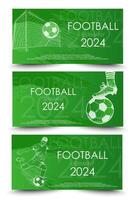 Soccer or Football 2024 horizontal social media banner templates set. Ball, football player and gate in grunge style. Soccer background for banner, card, website. vector