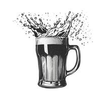 Engraving Glass with splashing beer isolated on white background. Hand drawn Vintage beer mug with foam splash and drops. Etching sketch style, woodcut vector