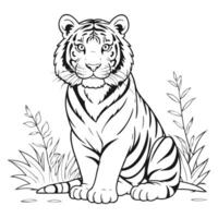 grande Tigre sentado lleno cuerpo línea Arte ilustración vector