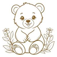 Cute Baby Bear sitting beside flowers line art illustration vector