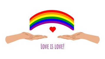 lgbtq bandera con símbolos celebrando orgullo mes. manos participación arcoíris. arco iris elementos. gay orgullo desfile. ilustración. vector