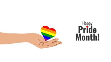 lgbtq bandera con símbolos celebrando orgullo mes. mano sostiene arco iris corazón. arco iris elementos. gay orgullo desfile. ilustración. vector