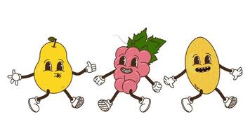 Fruits and berries in groovy style set. Pear melon and grapes. Characters trendy retro, comic mascot. Design banner poster. Y2k Hippie 70s, 80s. illustration. vector