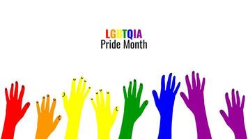 lgbtq bandera con símbolos celebrando orgullo mes. de colores manos gente. arco iris elementos. gay orgullo desfile. ilustración. vector