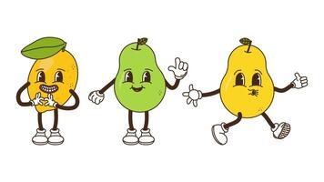 Fruits and berries in groovy style set. Lemon green pear and yellow pear. Characters trendy retro, comic mascot. Design banner poster. Y2k Hippie 70s, 80s. illustration. vector