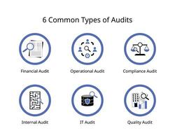 6 common types of audits, financial audits, operational, compliance, internal, IT , quality audits vector
