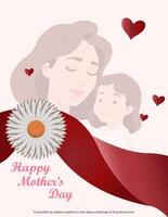 Mothers Day card with cute trendy watercolor illustrations of mom and daughter, bouquet of spring flowers, modern typography vector