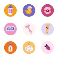 Cute and funny round highlights for social media, blogs, business, branding with spa, hygiene and bathe illustrations. Cover icons for stories with cosmetic products, washing items clipart. vector