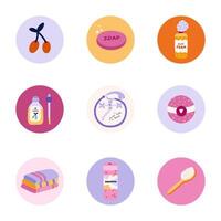 Cute and funny round highlights for social media, blogs, business, branding with spa, hygiene and bathe illustrations. Cover icons for stories with cosmetic products, washing items clipart. vector