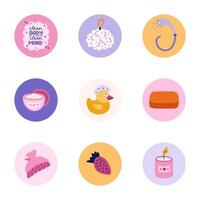 Cute and funny round highlights for social media, blogs, business, branding with spa, hygiene and bathe illustrations. Cover icons for stories with cosmetic products, washing items clipart. vector