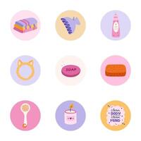 Cute and funny round highlights for social media, blogs, business, branding with spa, hygiene and bathe illustrations. Cover icons for stories with cosmetic products, washing items clipart. vector