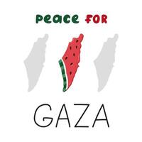 Peace for Gaza poster with lettering and watermelon slice in the shape of map of Gaza and Israel. Symbol of Palestinian resistance. Support Palestine banner with simple hand drawn clipart vector