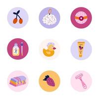 Cute and funny round highlights for social media, blogs, business, branding with spa, hygiene and bathe illustrations. Cover icons for stories with cosmetic products, washing items clipart. vector