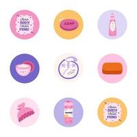 Cute and funny round highlights for social media, blogs, business, branding with spa, hygiene and bathe illustrations. Cover icons for stories with cosmetic products, washing items clipart. vector