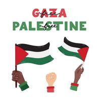 Free Palestine poster with lettering and hands holding Gaza flag and fist as symbol of resistance. Concept of support and save Palestine. Simple hand drawn clipart for banner, wallpaper, flyer. vector
