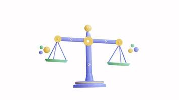3d animering balans skala med två bollar. lämplig för vikt förlust eller balans begrepp i hälsa, företag, lag, rättvisa, finansiera koncept, och livsstil design projekt. alfa kanal. video
