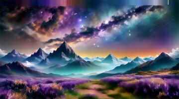 fantasia scena, bellissimo montagna paesaggio con colorato cielo a alba e crepuscolo. video