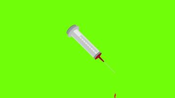 injeção sangue descarga, sangue liberação a partir de uma seringa em verde tela fundo 4k animação video