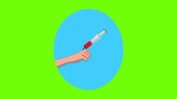 gezondheidszorg concept, injectie nemen bloed voor test Aan hand, groen scherm achtergrond 2d animatie video