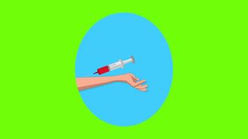cuidado de la salud concepto, inyección tomar sangre para prueba en brazo, verde pantalla antecedentes 2d animación video