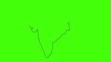 Índia mapa simples Preto linha arte 2d animação em verde tela fundo, Índia território esboço desenhando animado video