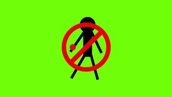män promenad förbjudna, do inte promenad tecken, do inte stiga på in i de begränsad område på grön skärm bakgrund 2d animering förbjuder tecken video