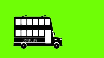 Black school bus icon loop 2d animation, silhouette bus on green screen background video