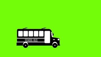 Black school bus icon loop 2d animation, silhouette bus on green screen background video