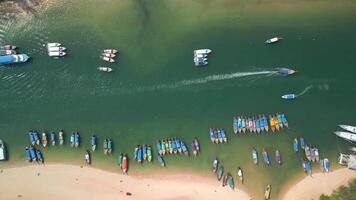 Top View Of Traditional Wooden Thai Boats in Krabi, Thailand video