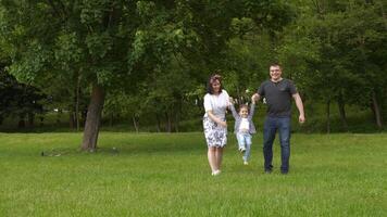 Lycklig familj och liten dotter enjoing och skrattande på internationell fars dag i sommar grön parkera utomhus- video