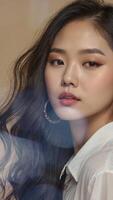 lindo jovem coreano mulher com grandes Sombrio cabelo e negrito Maquiagem video