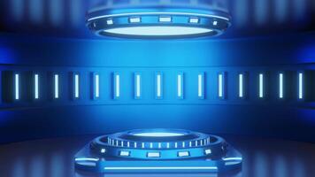 azul e brilho luxo pódio pedestal produtos exibição e azul caixa fundo 3d Renderização video