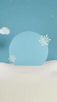 3d animerad vinter- försäljning social media posta mall porträtt med vit podium, snöflinga och snögubbe, Fantastisk för resa byråer, produkt befordran, jul och ny år hälsningar. video